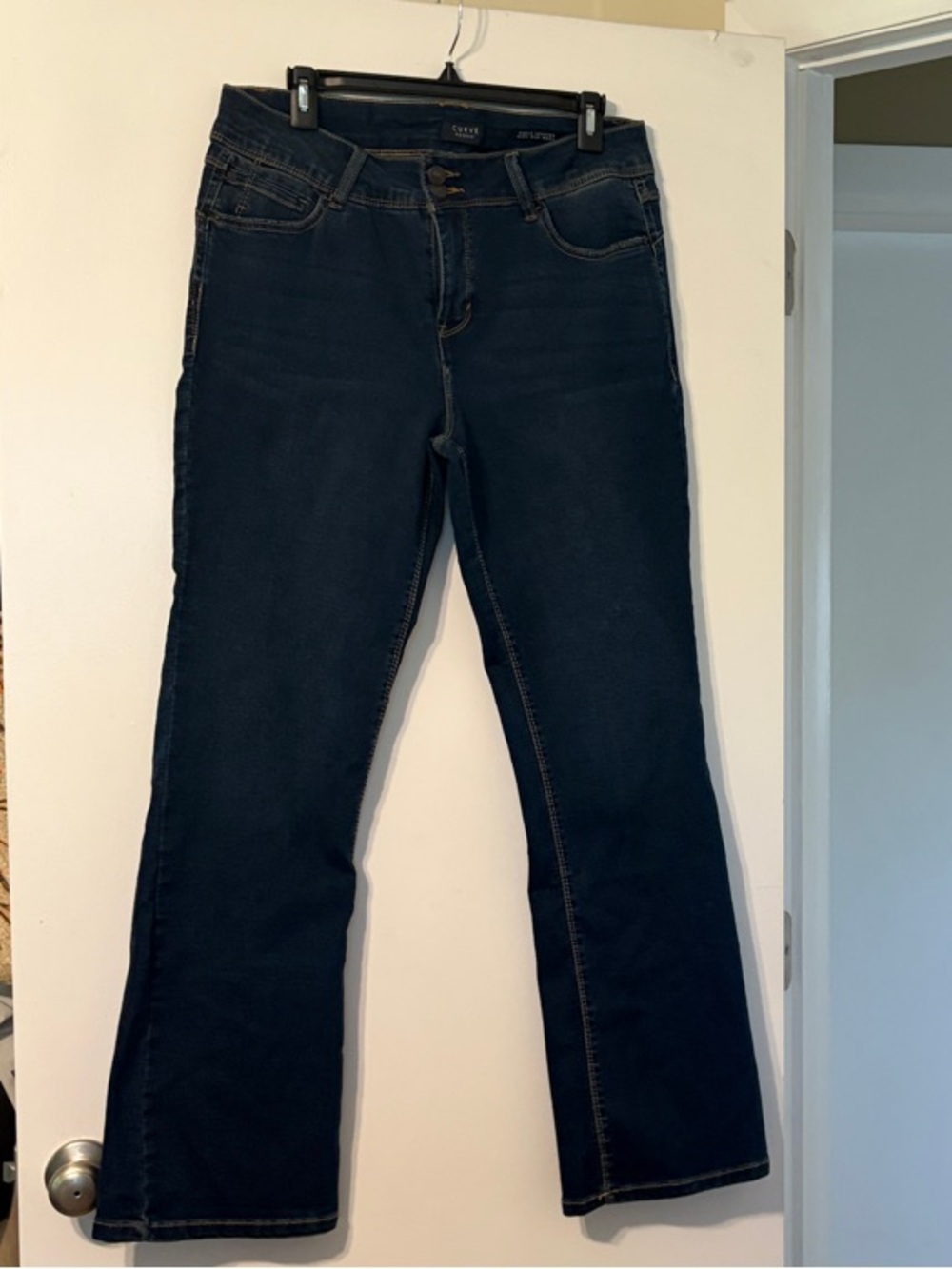 Dark Wash Stretchy High Rise Boot Cut Jeans - Navy Blue